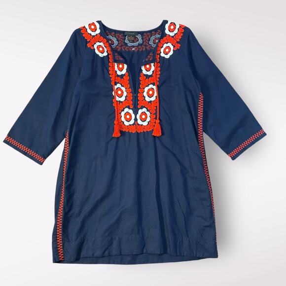 J. Crew Embroidered Floral Beach Mini Tunic Dress Coverup Womens Size M Navy Red - Picture 1 of 10